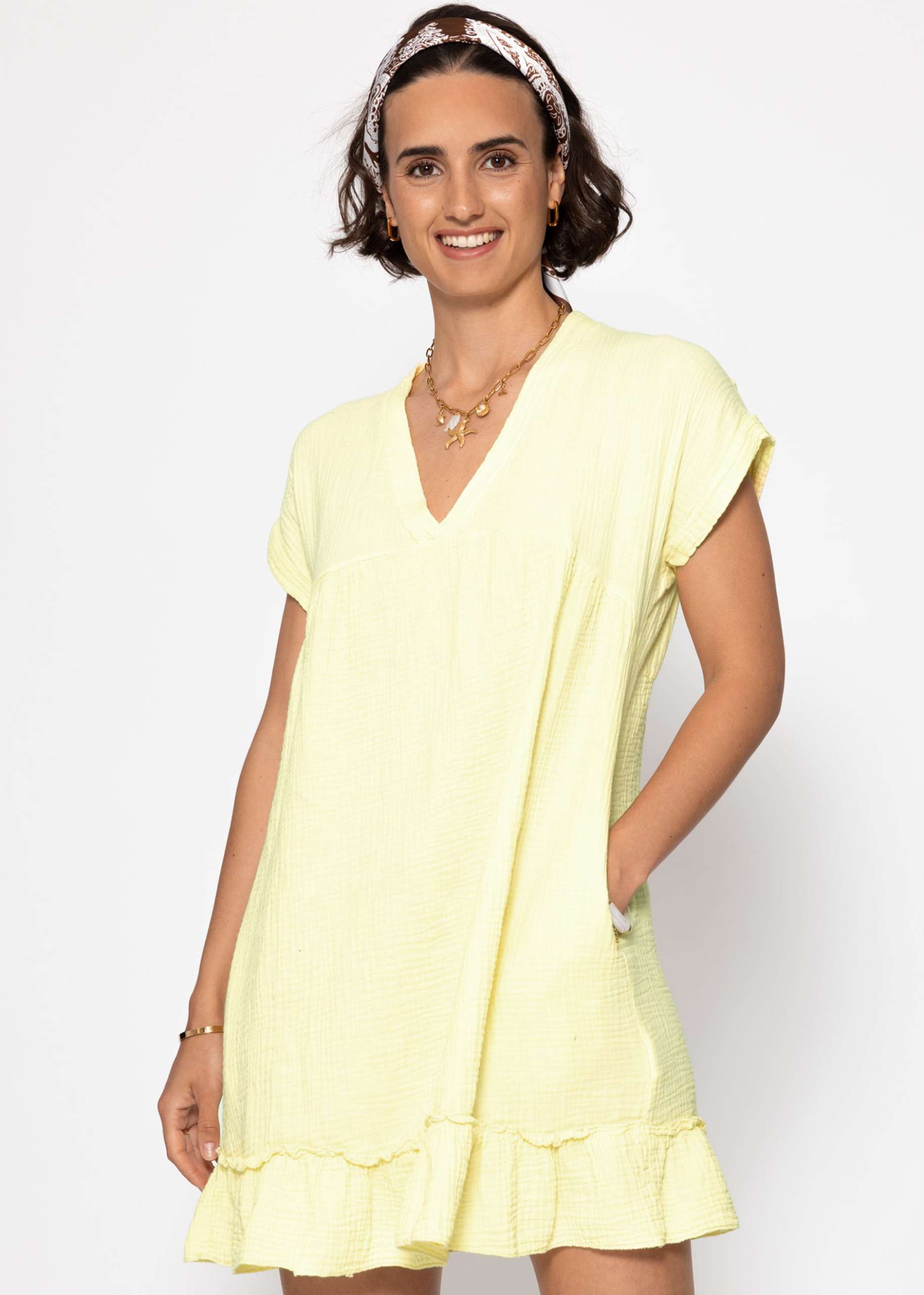 Musselin Kleid mit V-Ausschnitt - buttergelb