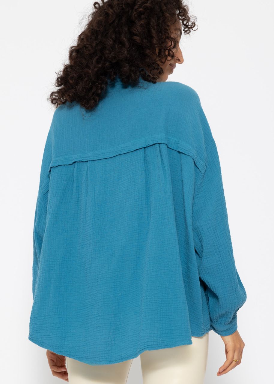 Musselin Bluse oversize, kurz, petrolblau