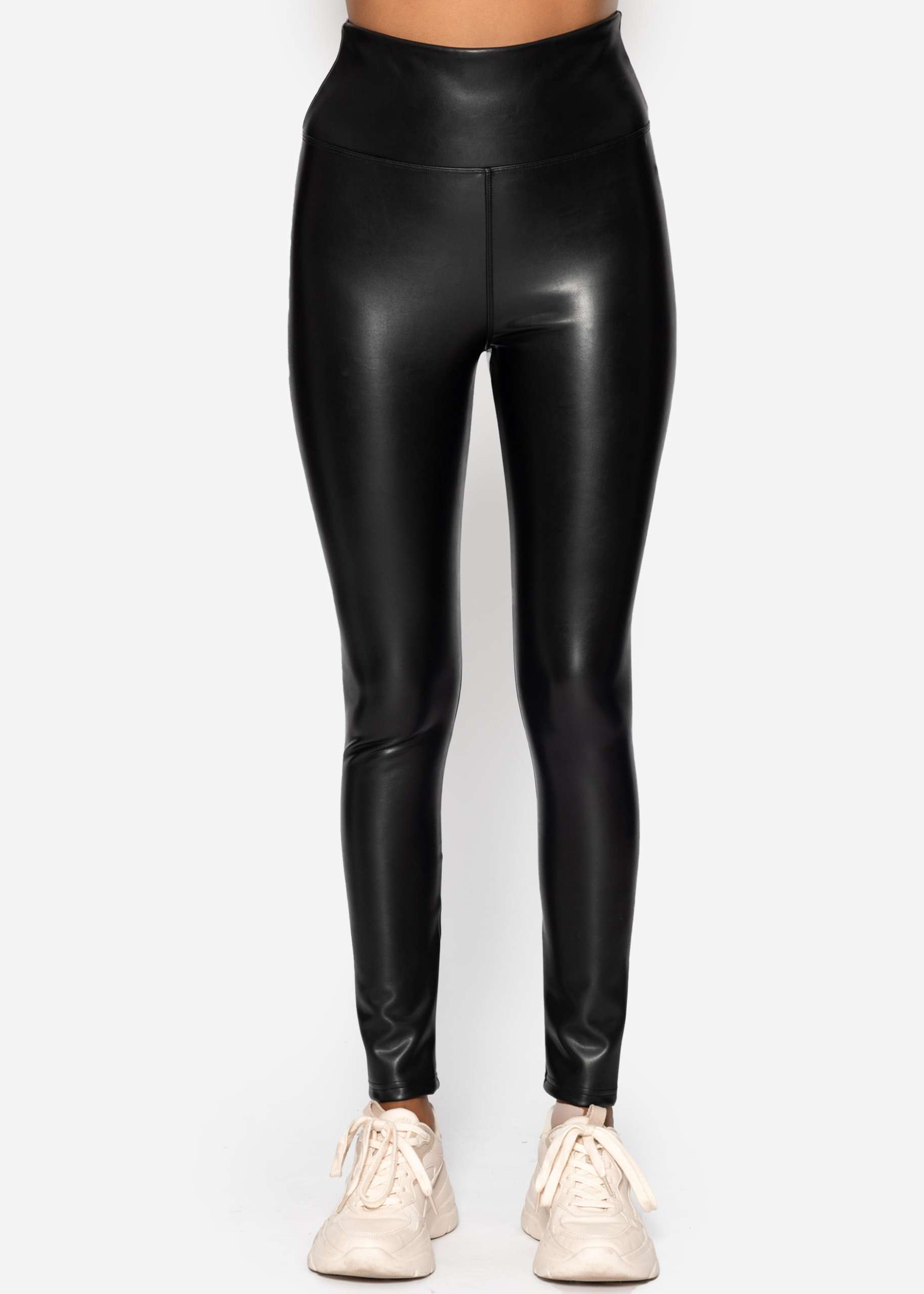 High-Rise Lederleggings mit breitem Bund - schwarz