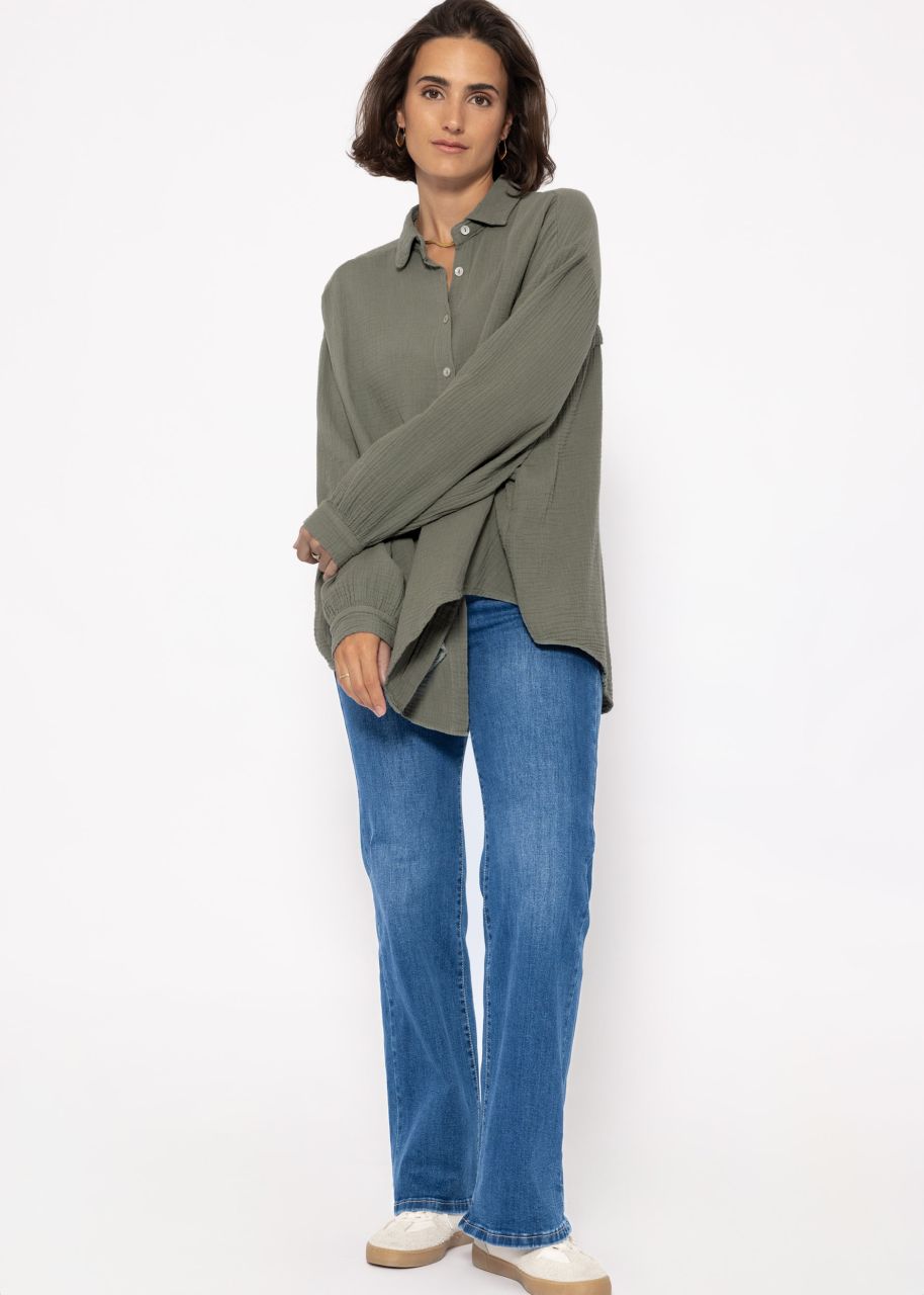 Musselin Bluse oversize, kurz, khaki