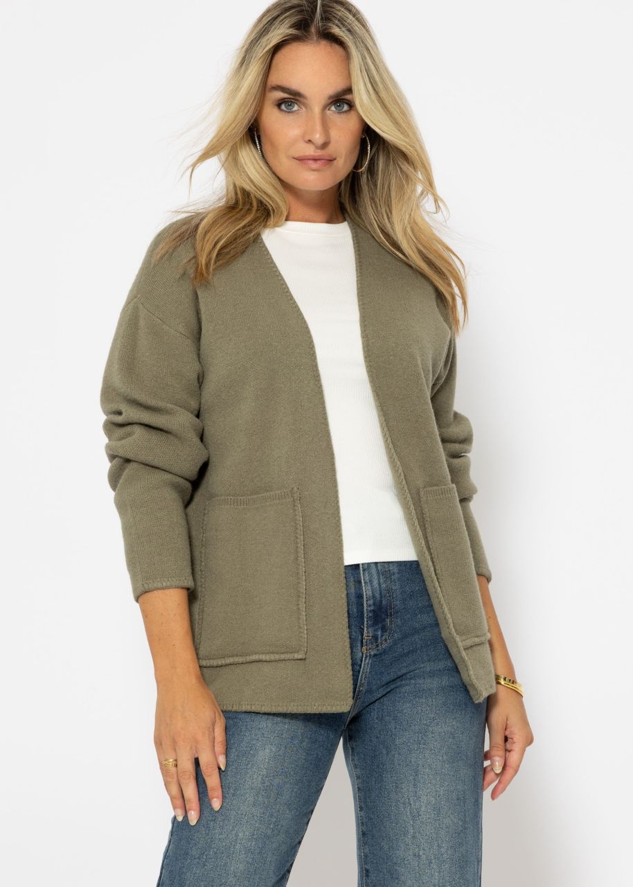 Offener Cardigan mit aufgesetzten Taschen - khaki