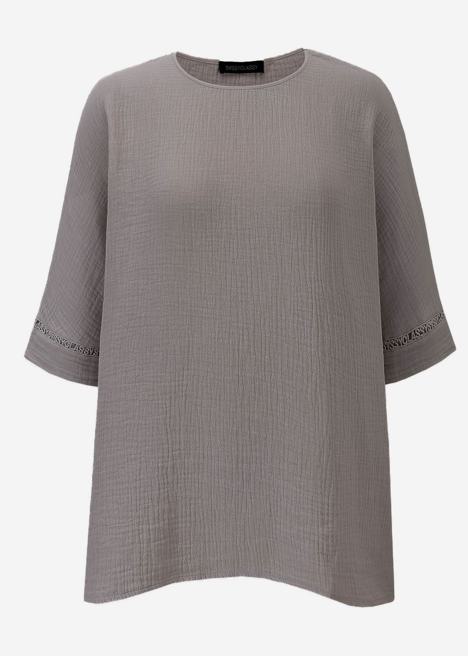 Musselin Pyjamashirt mit Spitzenborte - taupe