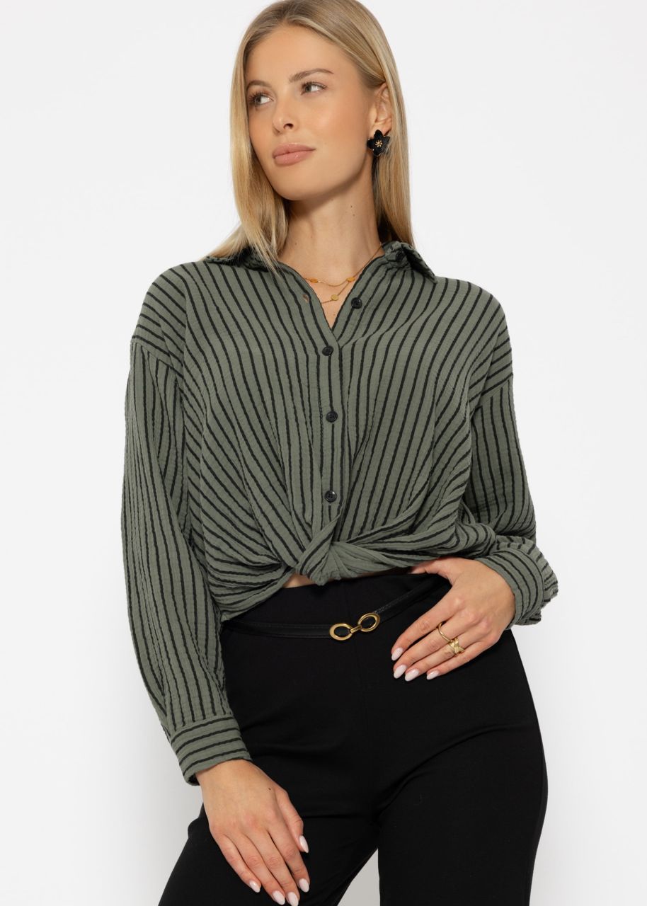 Gestreifte Musselin Bluse mit Knoten - khaki-schwarz