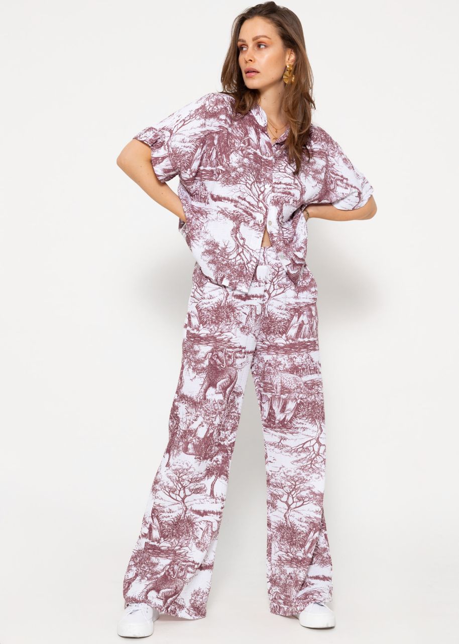 Musselin Pants mit weitem Bein und Print - weinrot