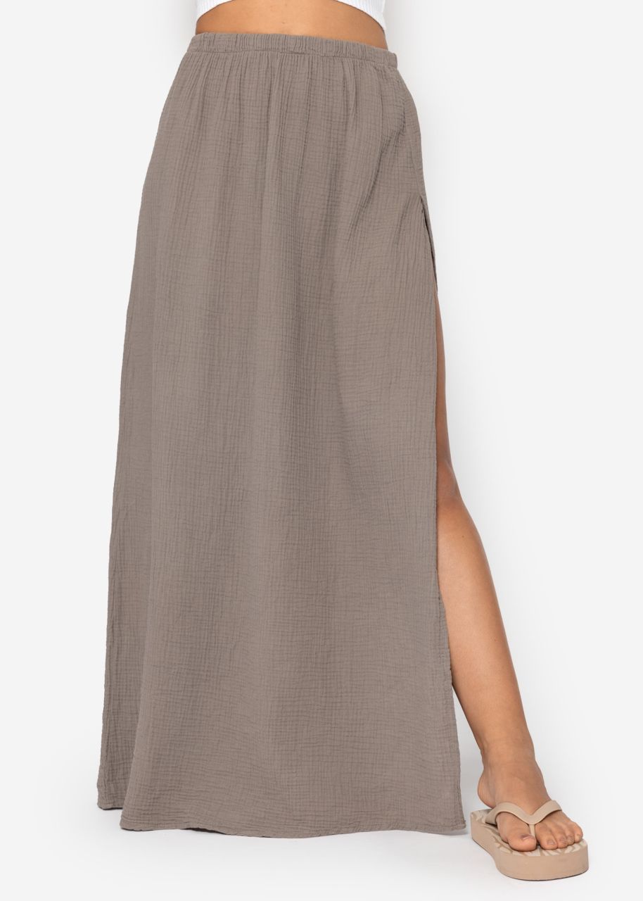 Langer Musselin Rock mit hohem Schlitz - taupe