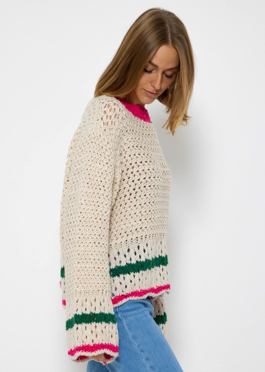 Grobgestrickter Pullover mit farbigen Details - offwhite