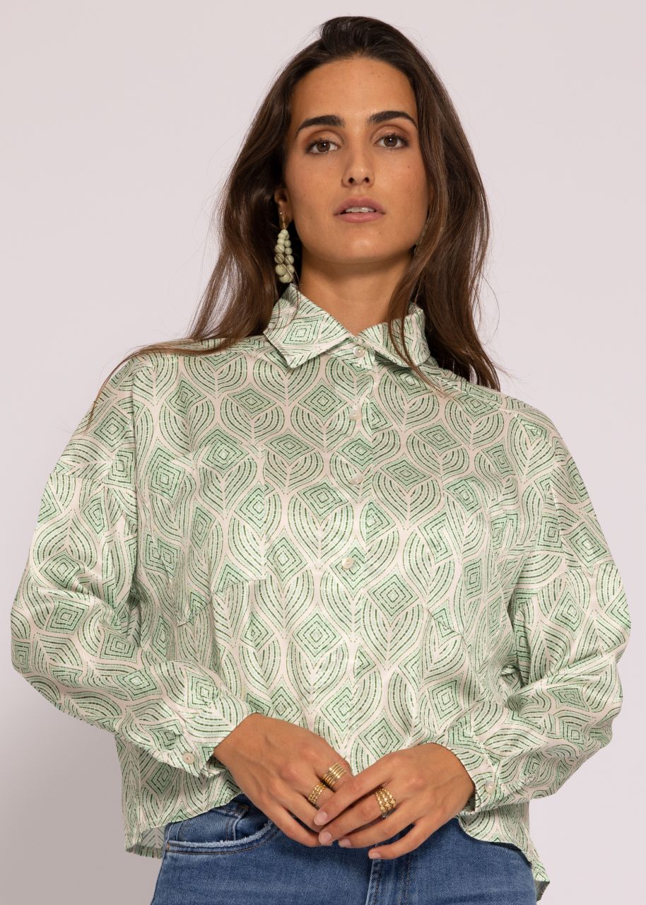 Oversize Satin-Bluse mit Print, grün