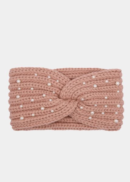 Strick Stirnband mit Perlen - rosa
