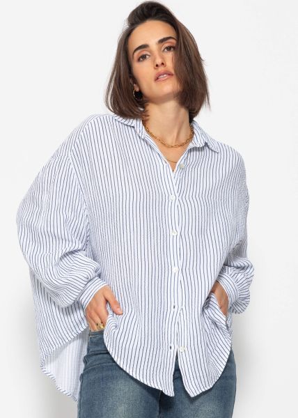 Gestreifte Musselin Bluse oversize - blau-weiß