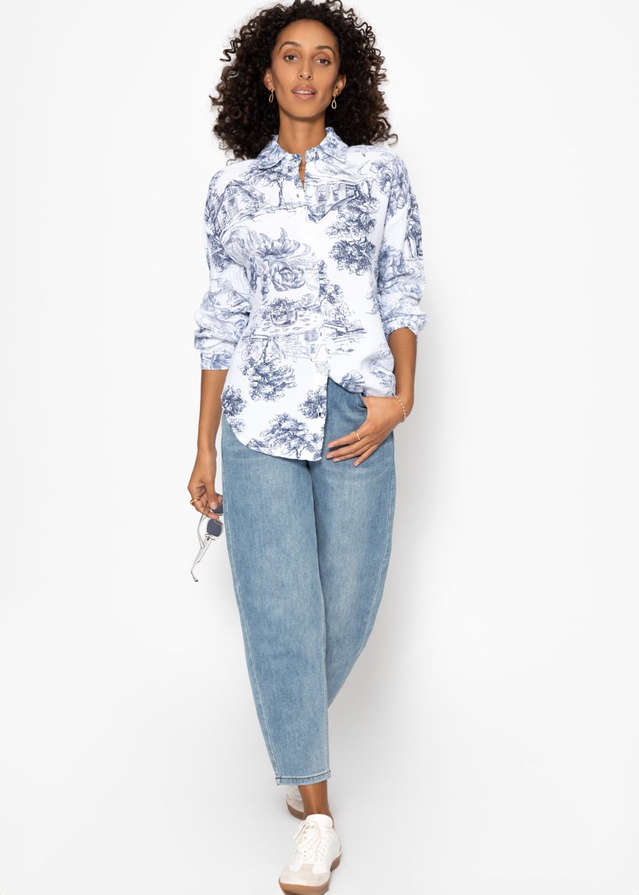 Oversize Musselin Bluse mit Print - dunkelblau