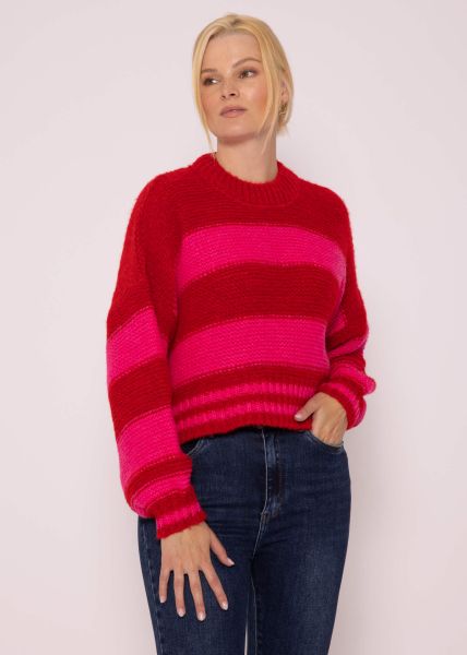 Crop Pullover mit Blockstreifen, rot-pink