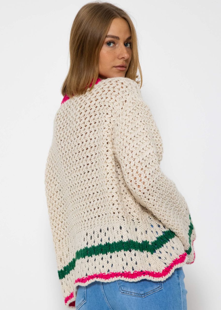 Grobgestrickter Pullover mit farbigen Details - offwhite