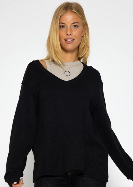 Oversize soft Sweater mit tiefem V-Ausschnitt - schwarz