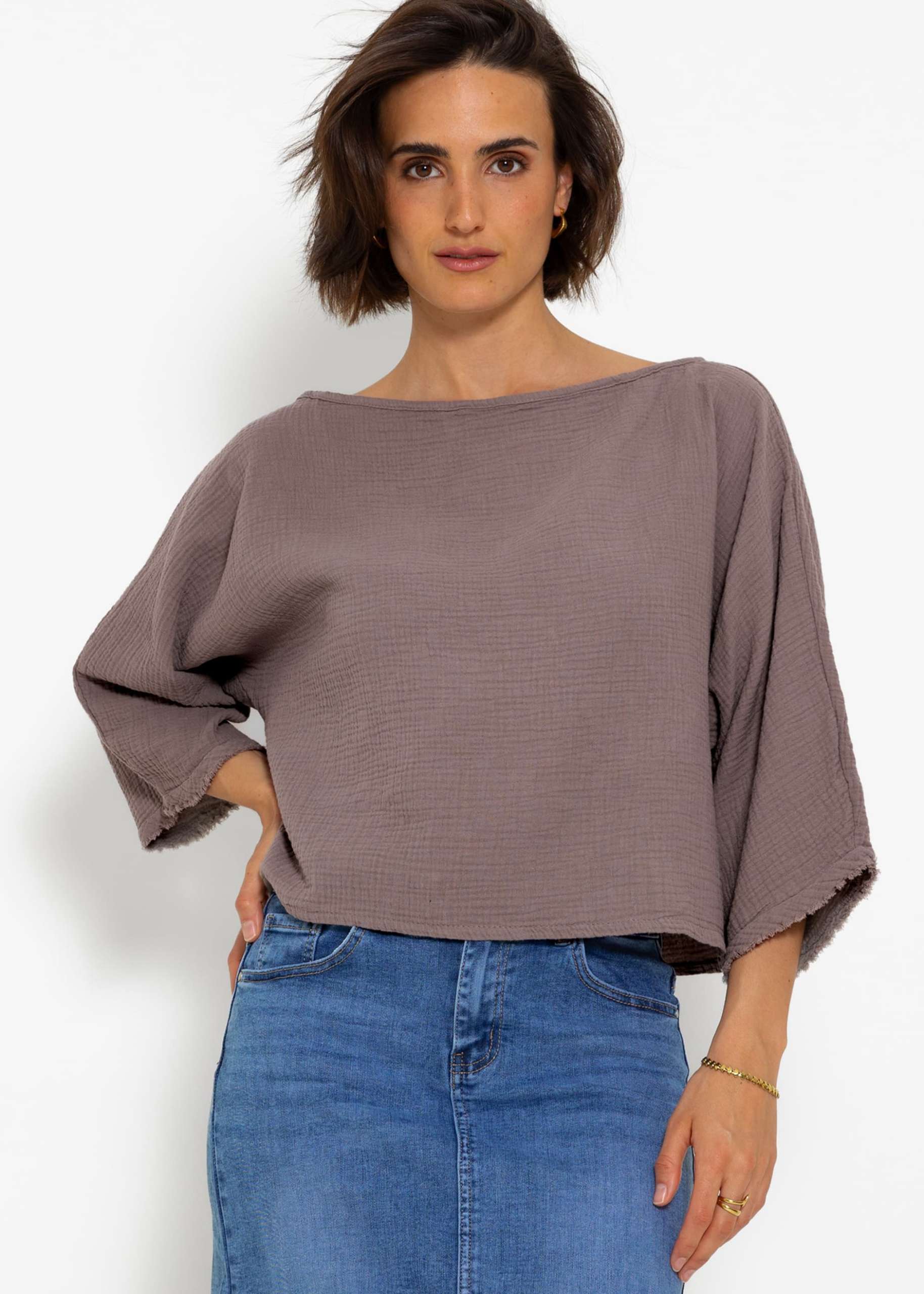 Musselin Shirt mit ausgefranstem Ärmelabschluss - taupe