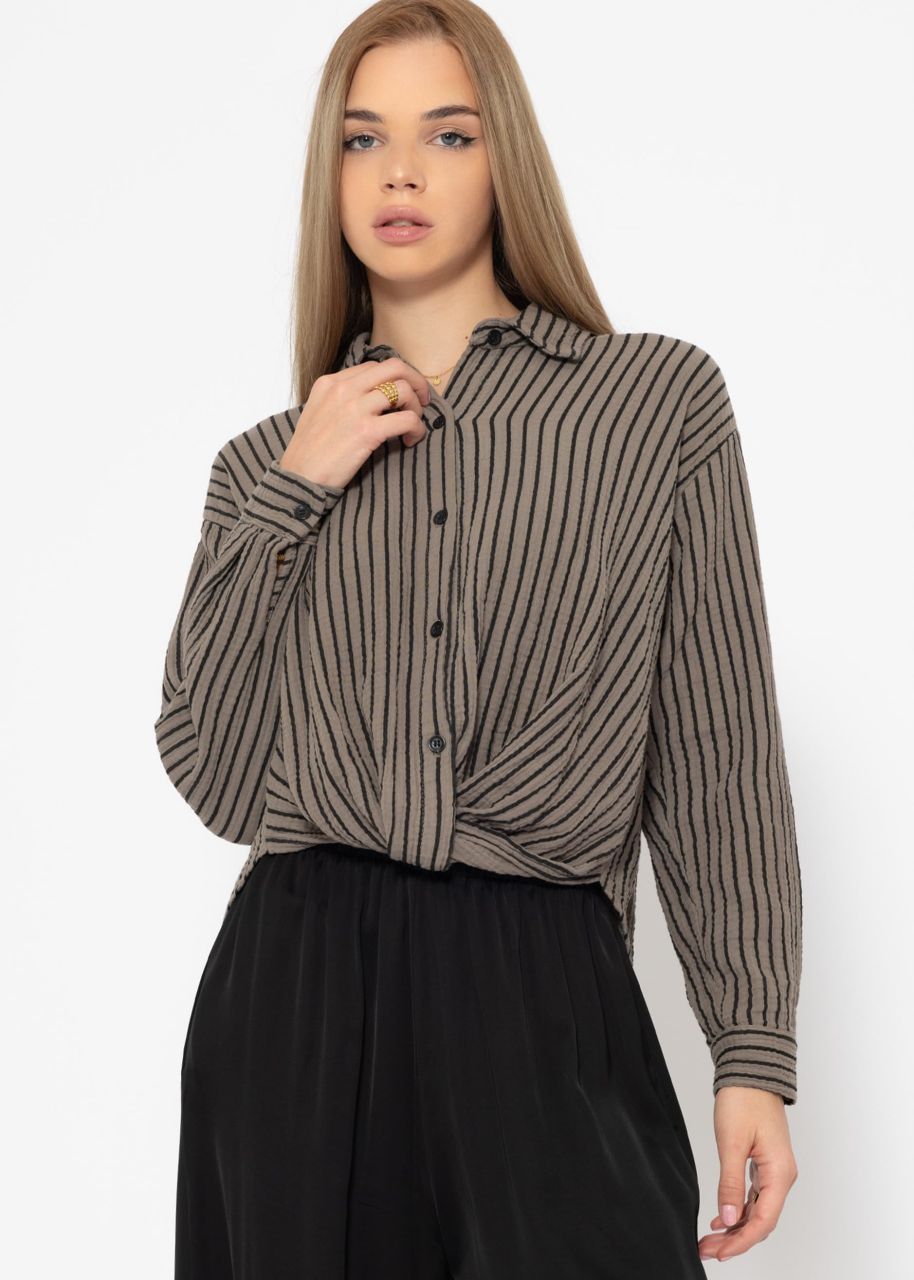 Gestreifte Musselin Bluse mit Knoten - taupe-schwarz