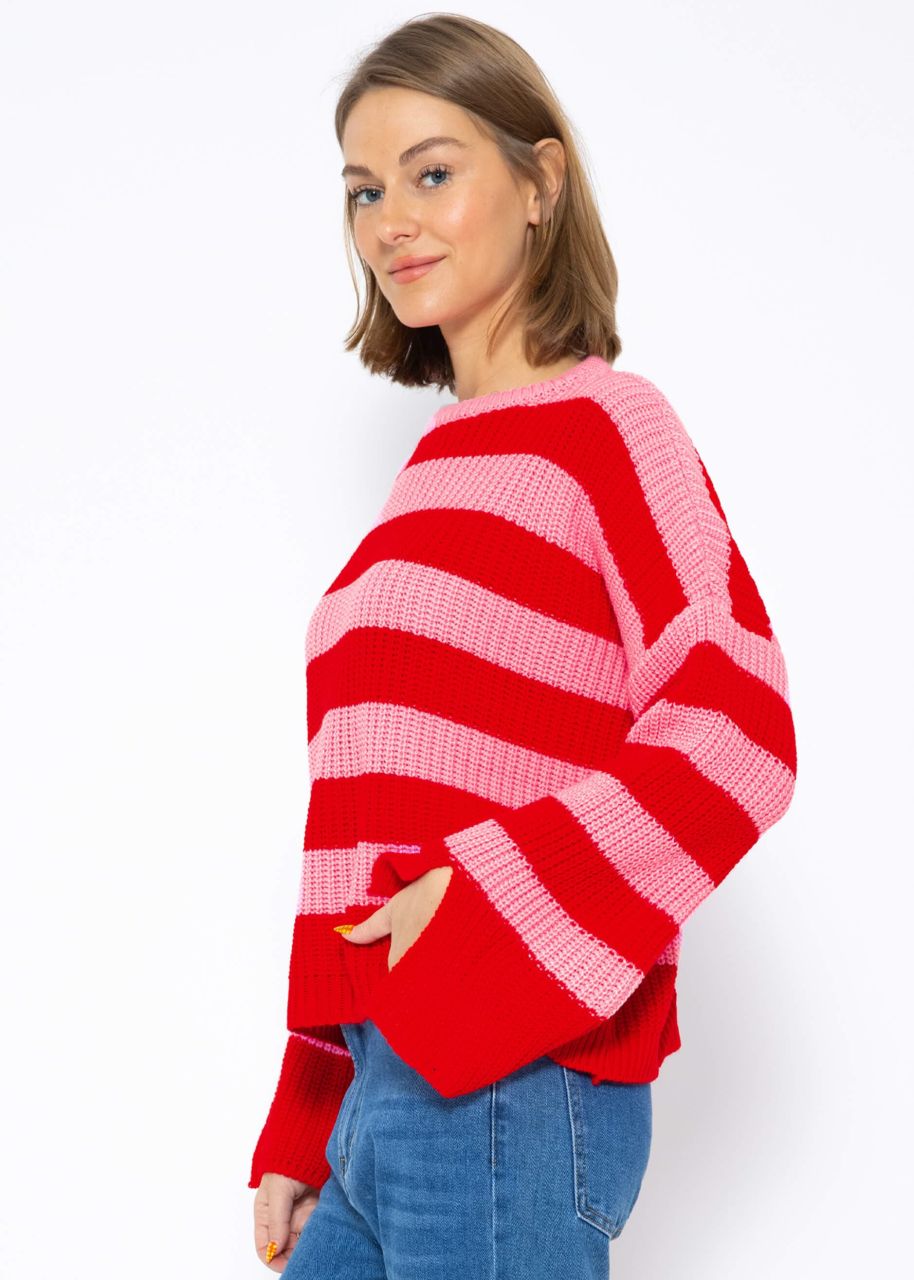 Gestreifter Pullover mit weiten Ärmel - rosa-rot