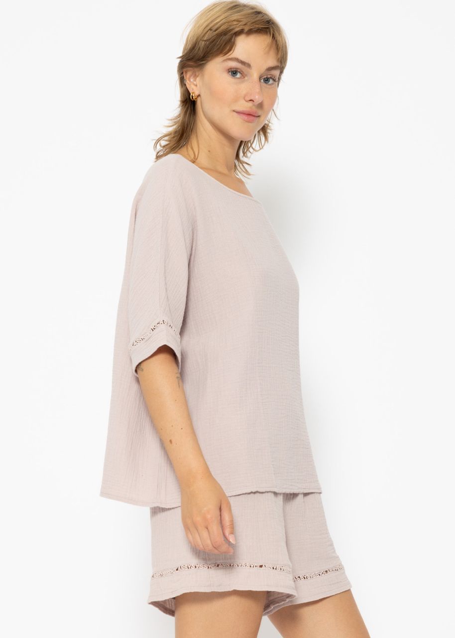 Musselin Pyjamashirt mit Spitzenborte - altrosa