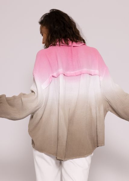 Ultra oversize Dip Dye Musselin-Blusenhemd, rosa/weiß/taupe