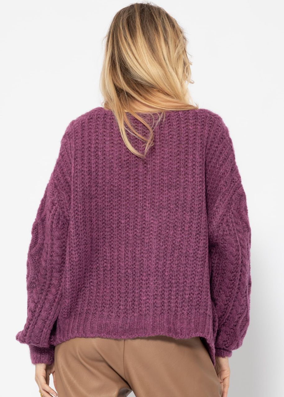 Oversize Strickjacke mit Zopfmuster - aubergine