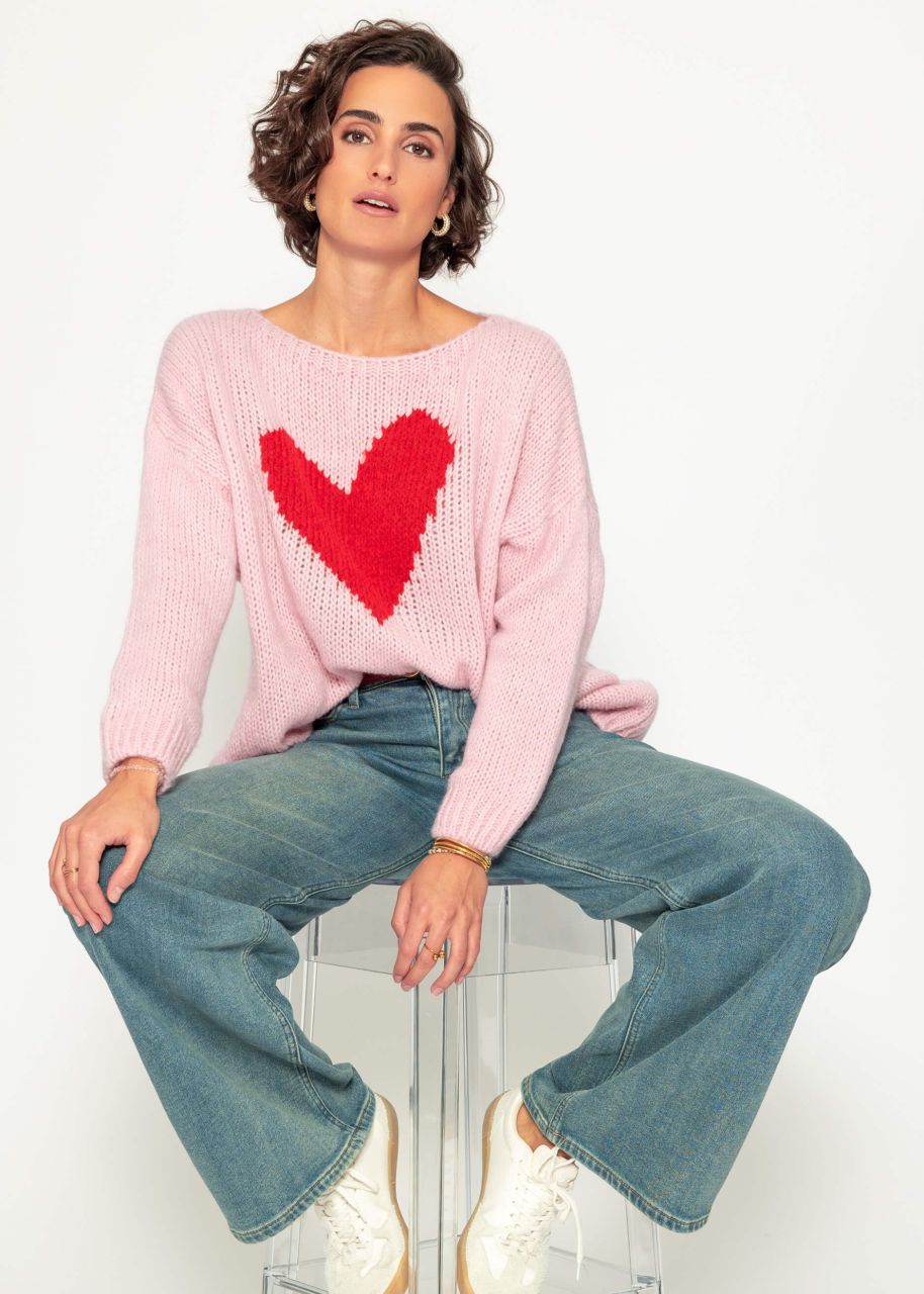 Oversize Pullover mit rotem Herz - rosa