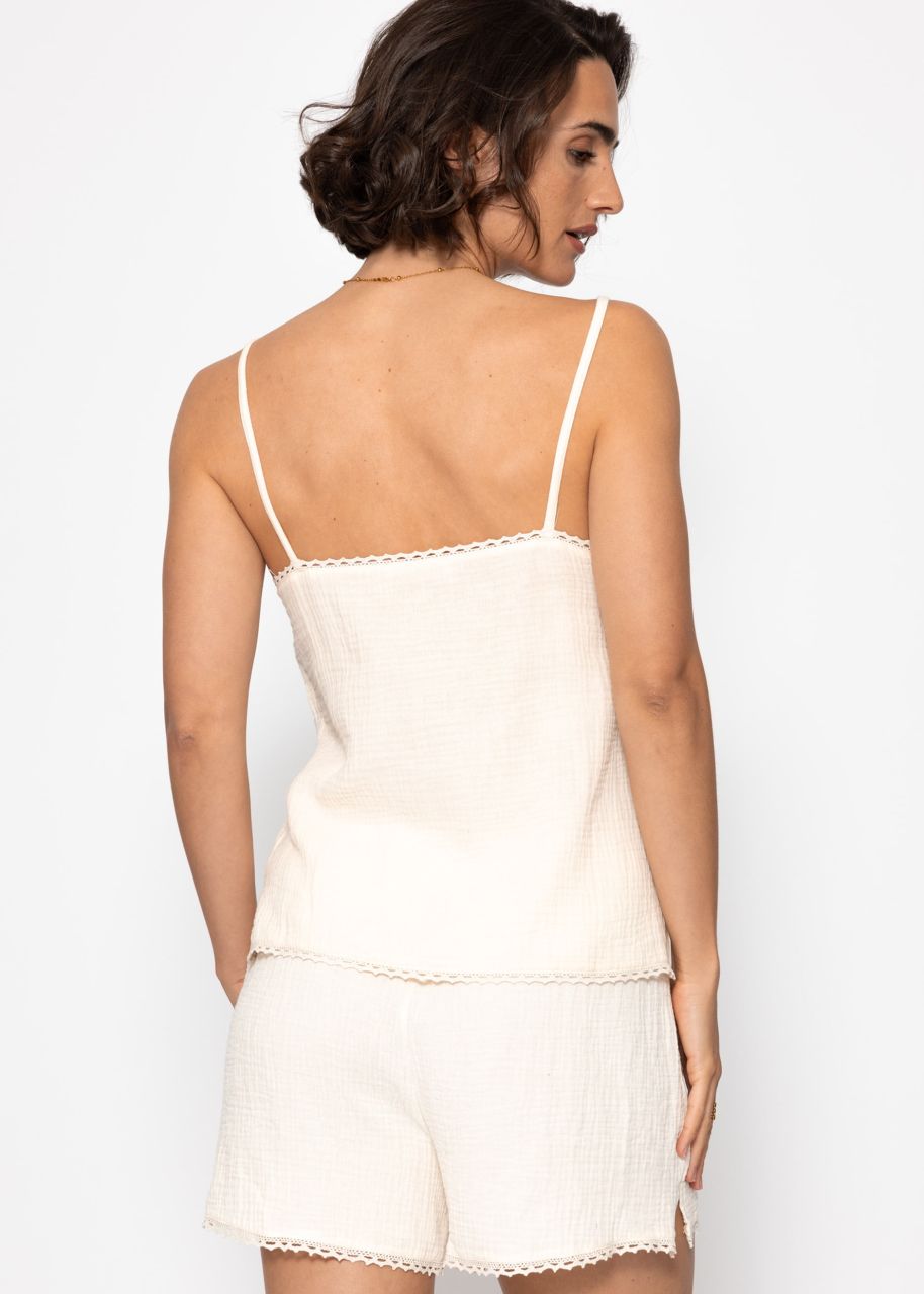 Musselin Pyjamatop mit Spitzenborte - beige