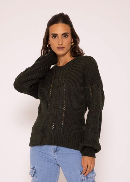 Rundhals-Pullover mit Zopfmuster, dunkelgrün