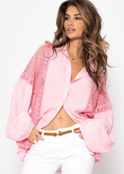 Leinen Bluse mit Spitze - rosa