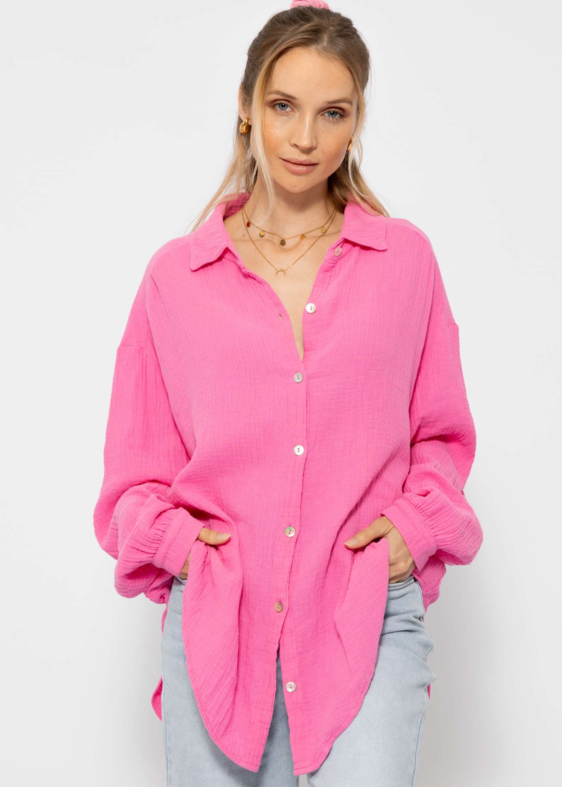 Musselin Bluse oversize, kurz, pink