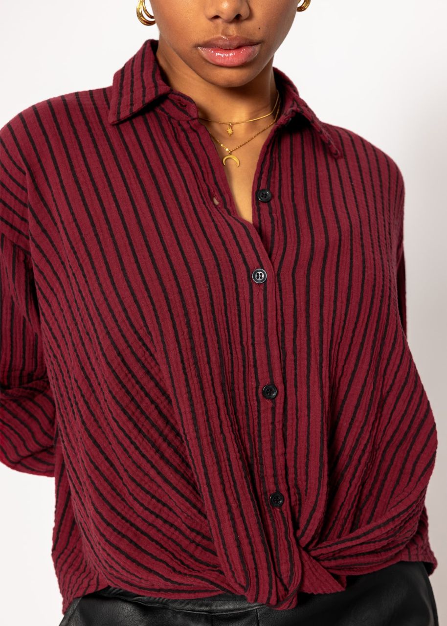 Gestreifte Musselin Bluse mit Knoten - burgundy-schwarz