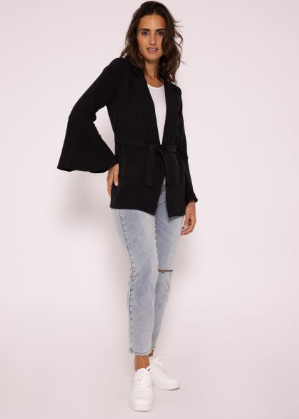 Leichter Jackenblazer mit Volantärmel und Bindegürtel, schwarz
