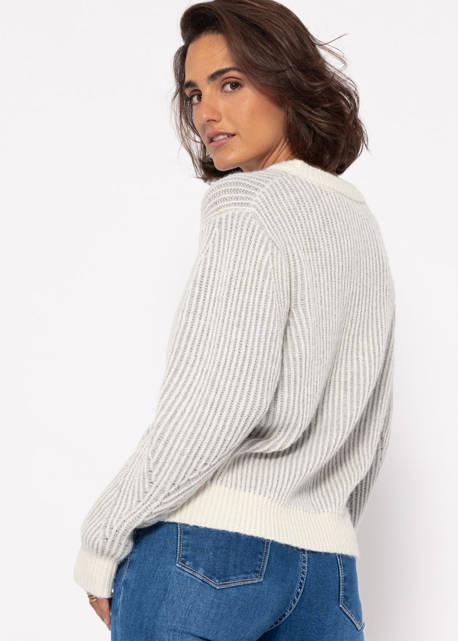 2-farbig gerippter Pullover - grau-offwhite