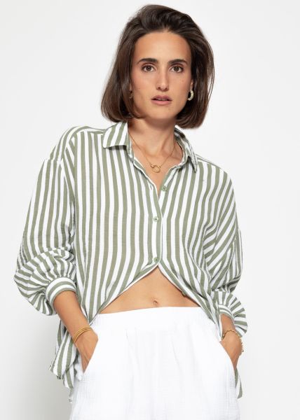 Gestreifte Oversize Musselin Bluse - khaki