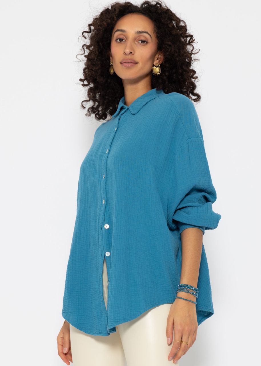 Musselin Bluse oversize, kurz, petrolblau