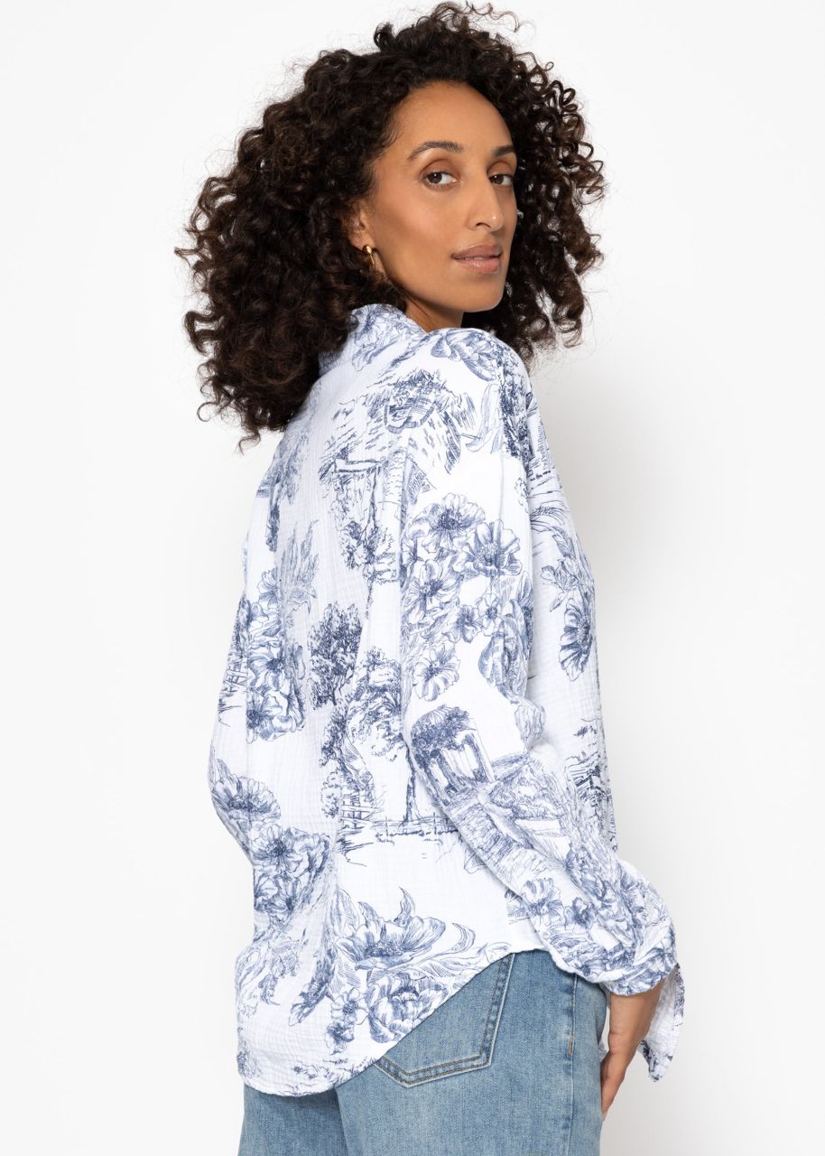 Oversize Musselin Bluse mit Print - dunkelblau