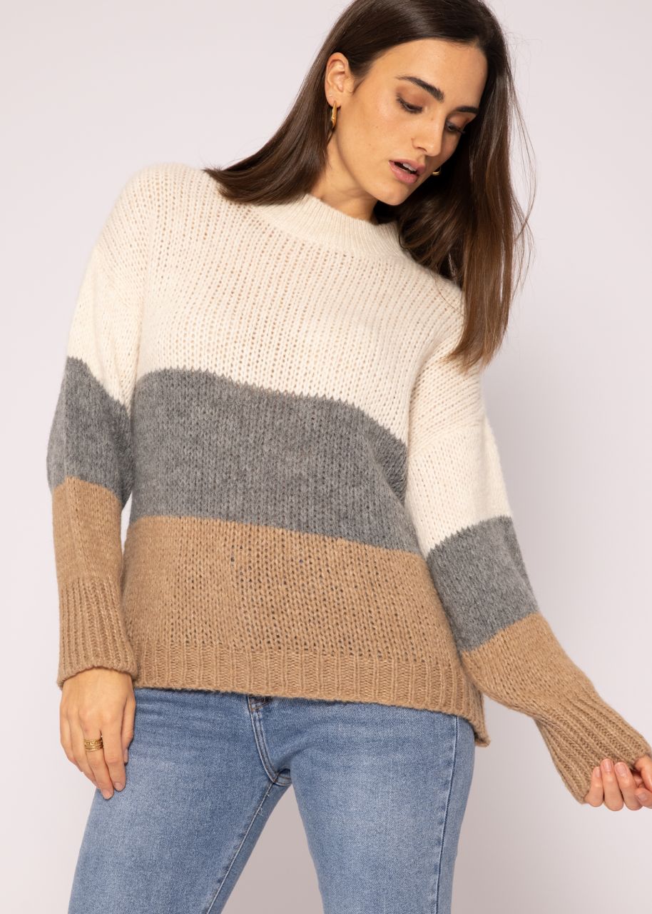 Turtleneck-Pullover mit Blockstreifen, offwhite/grau/camel