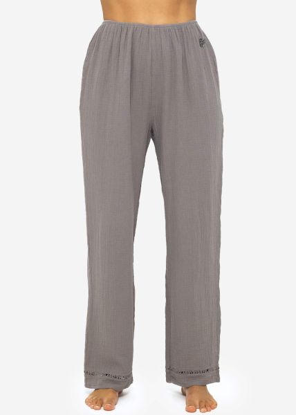 Musselin Pyjamahose mit Spitzenborte - taupe