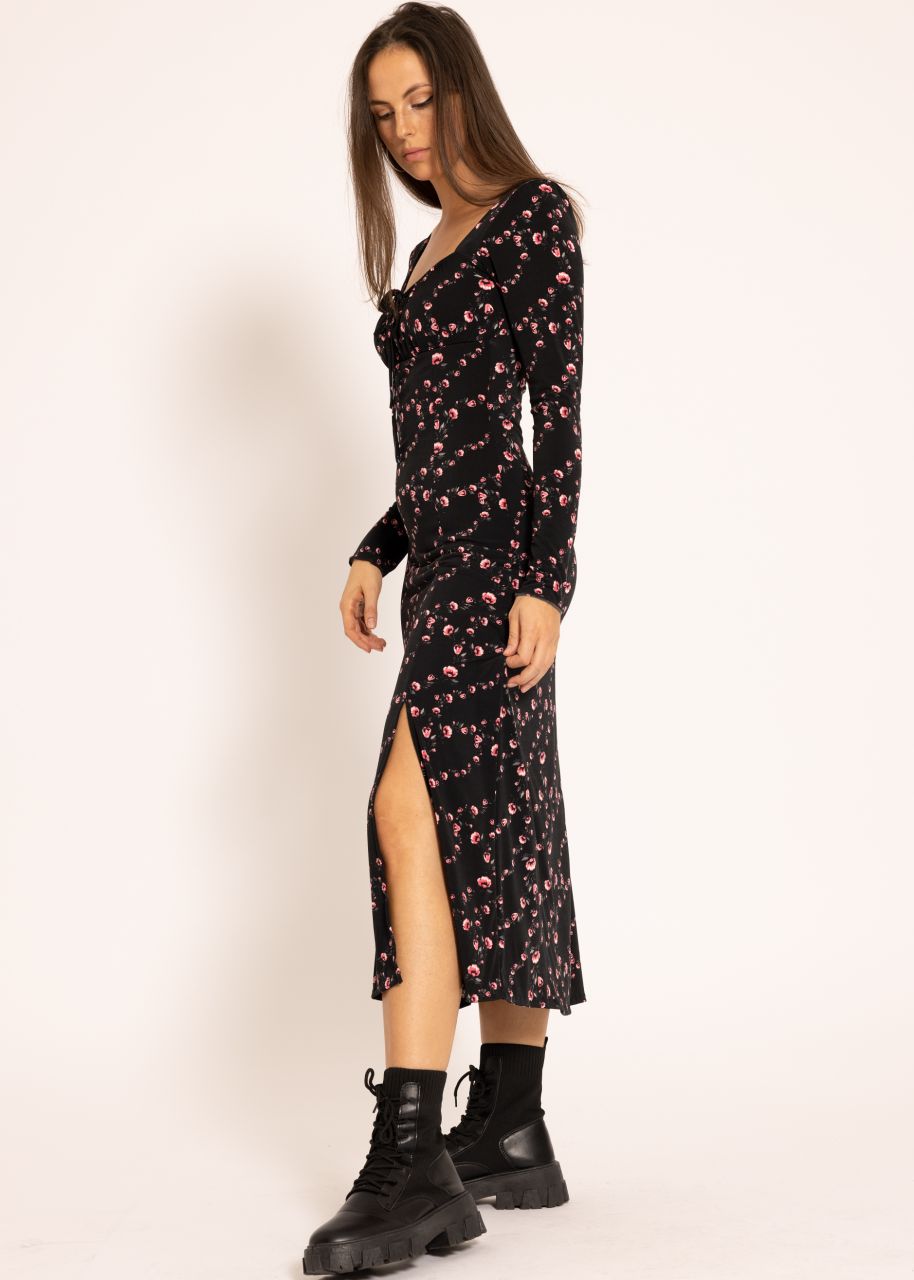 Maxi Jersey Kleid mit Blumen-Print, schwarz
