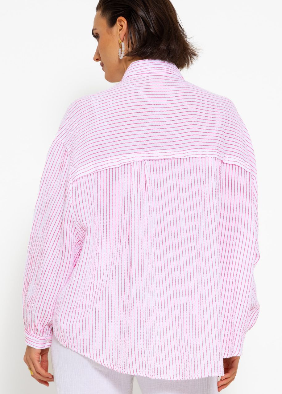 Gestreifte Musselin Bluse oversize, kurz, pink/weiß