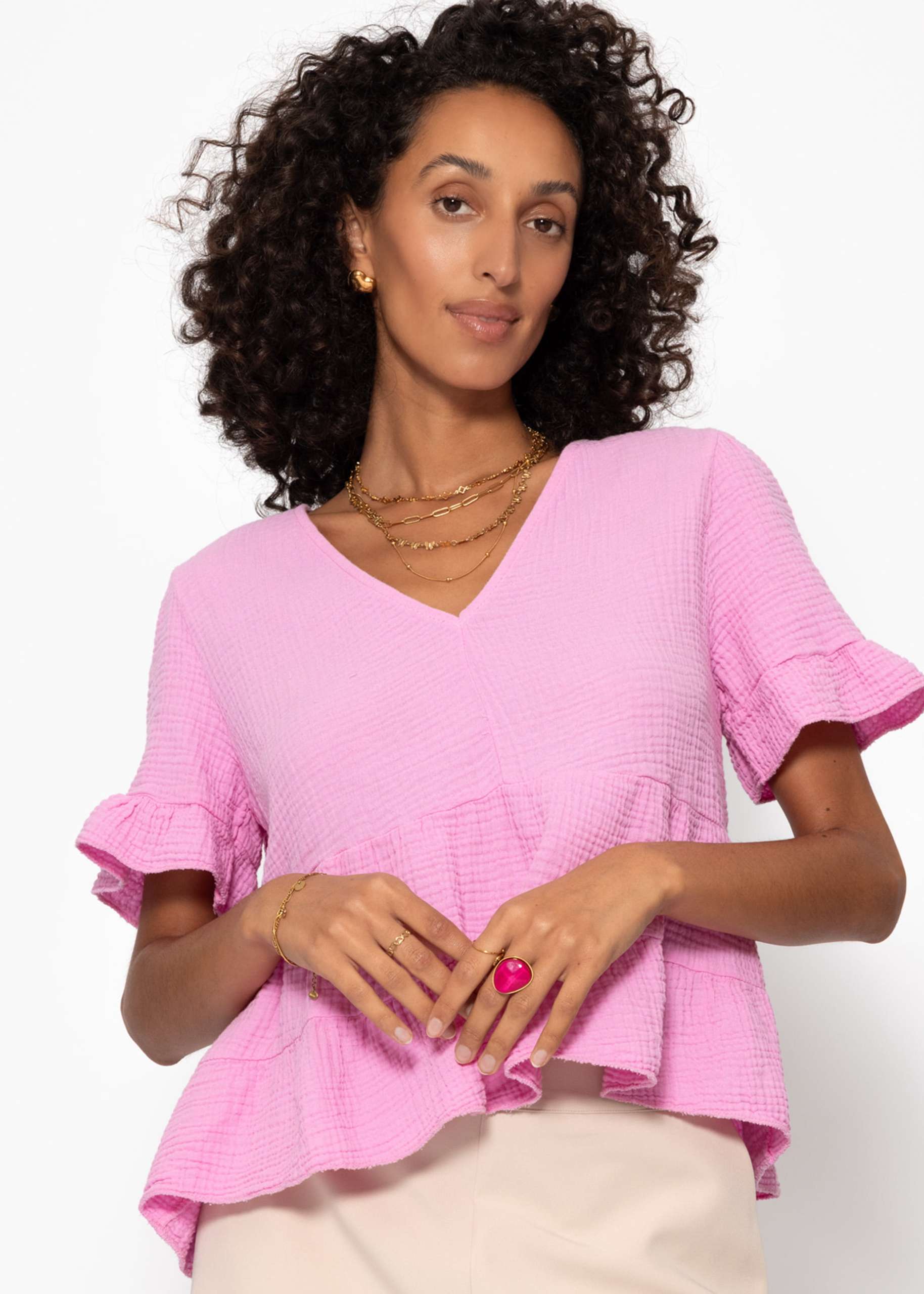 Musselin Shirt mit Volants - rosa