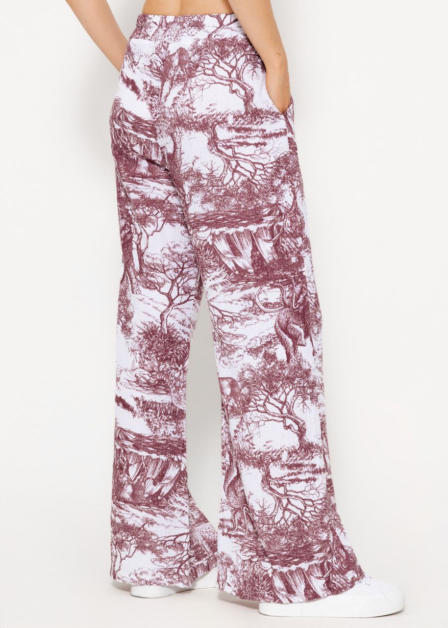 Musselin Pants mit weitem Bein und Print - weinrot