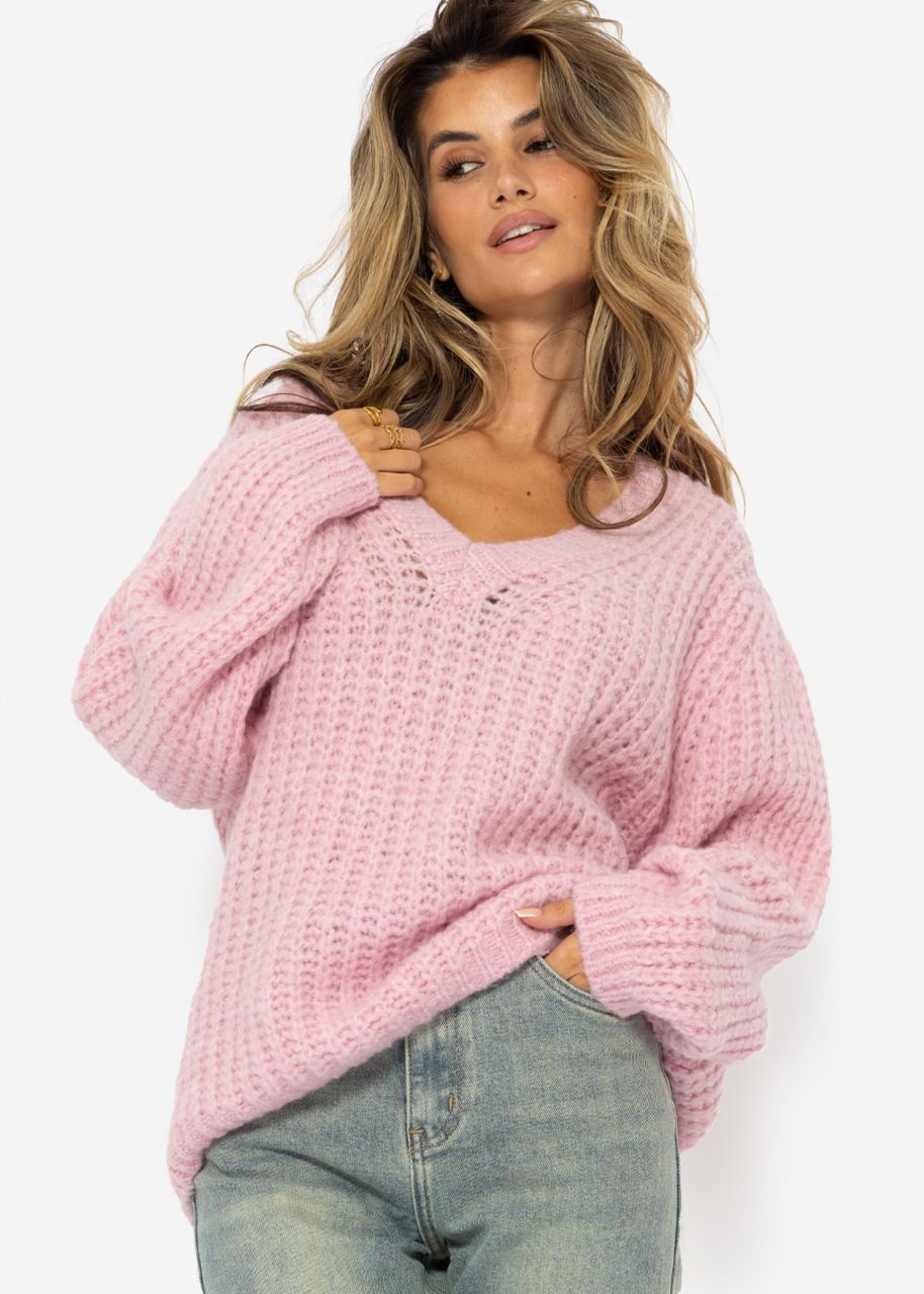 Oversize Grobstrick Pullover mit V-Ausschnitt - rosa