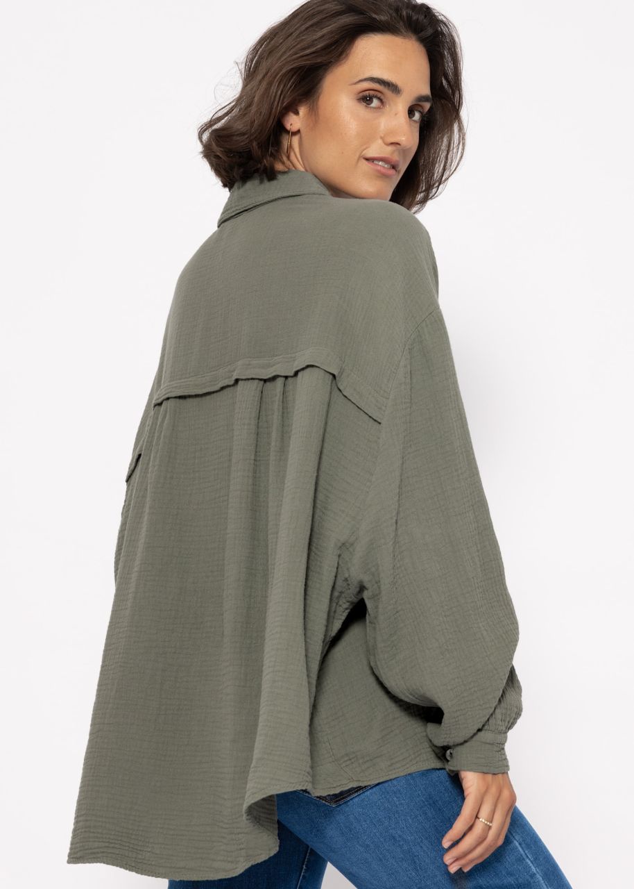 Musselin Bluse oversize, kurz, khaki