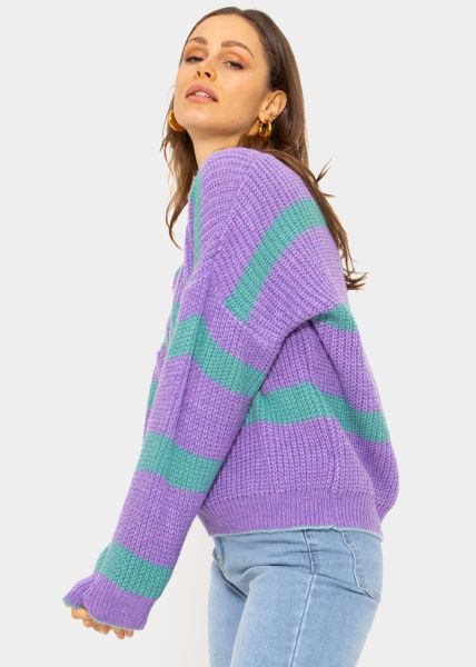 Pullover mit Streifen und V-Ausschnitt, lila-türkis