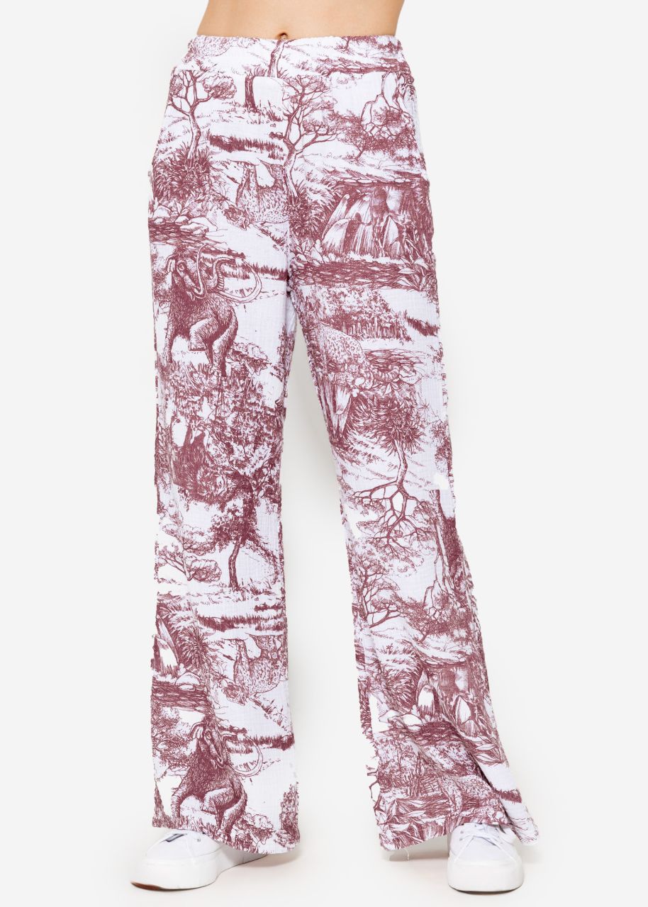 Musselin Pants mit weitem Bein und Print - weinrot