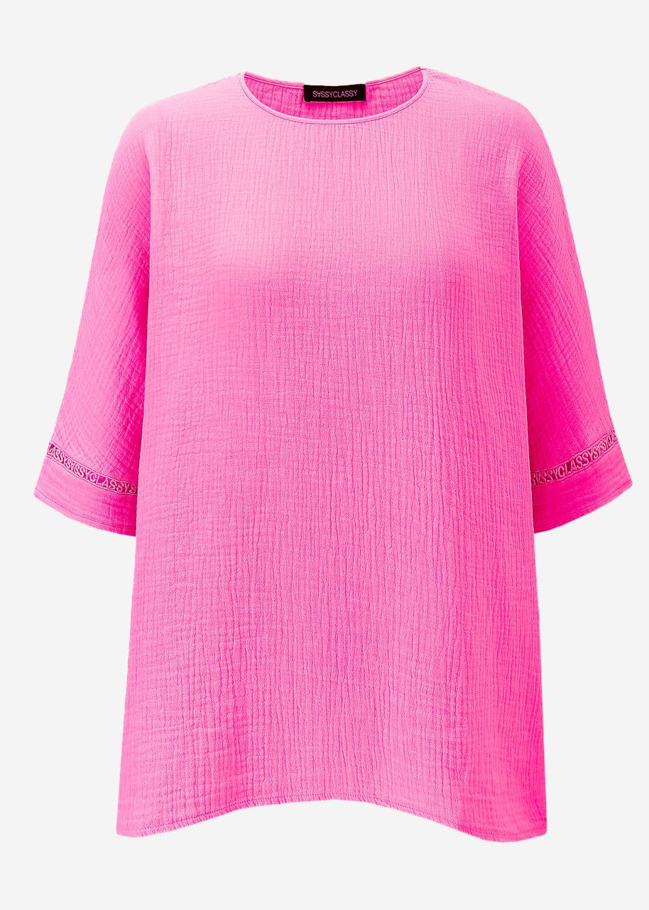 Musselin Pyjamashirt mit Spitzenborte - pink