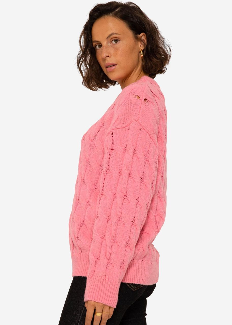 Strickpullover mit Zopfmuster - rosa