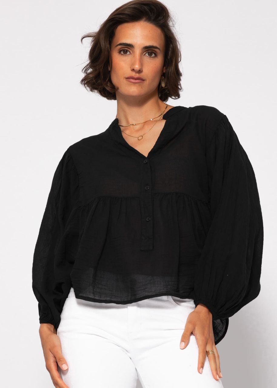 Oversize Baumwoll Voile Bluse - schwarz