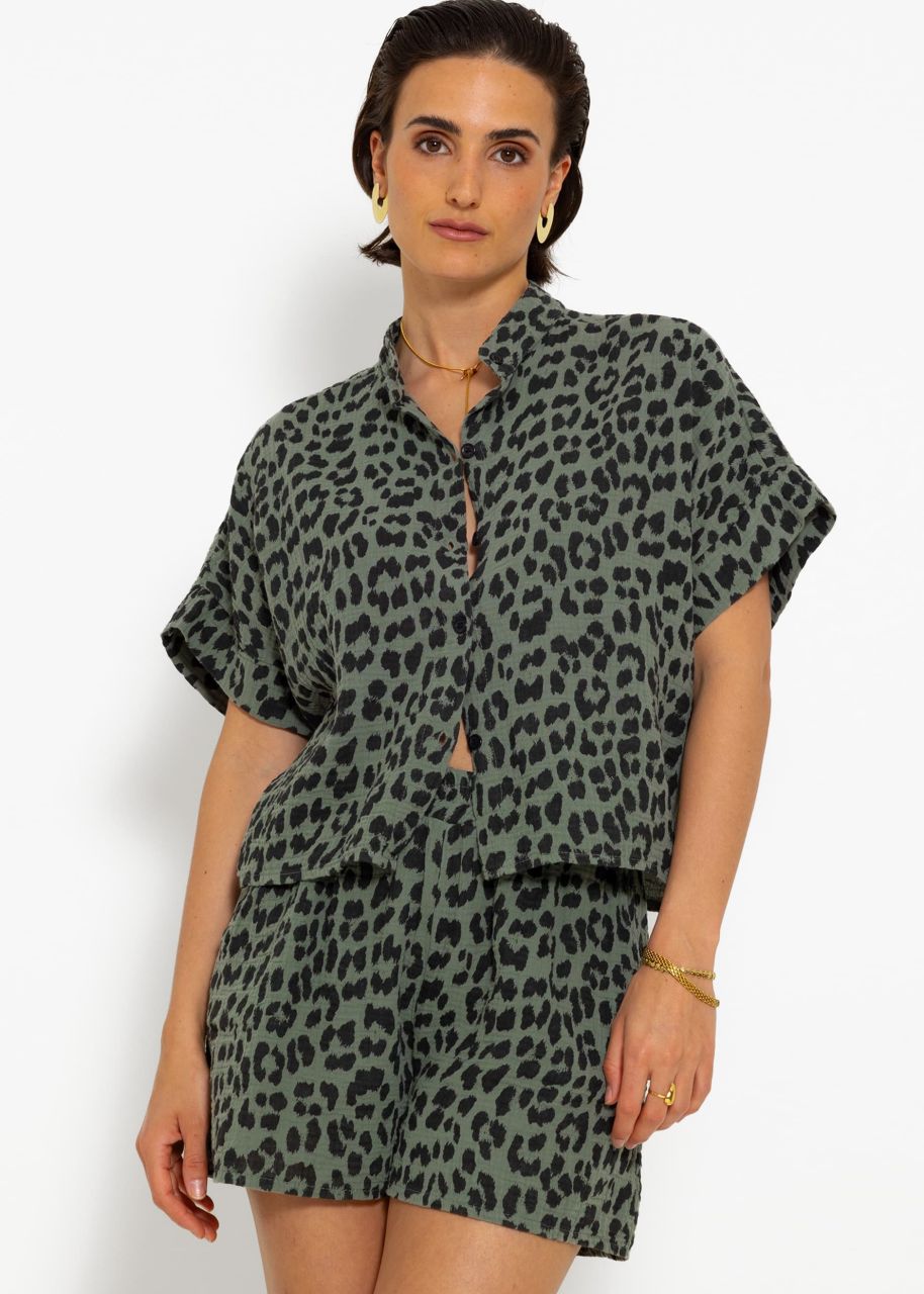 Musselin Bluse mit Leo-Print - khaki
