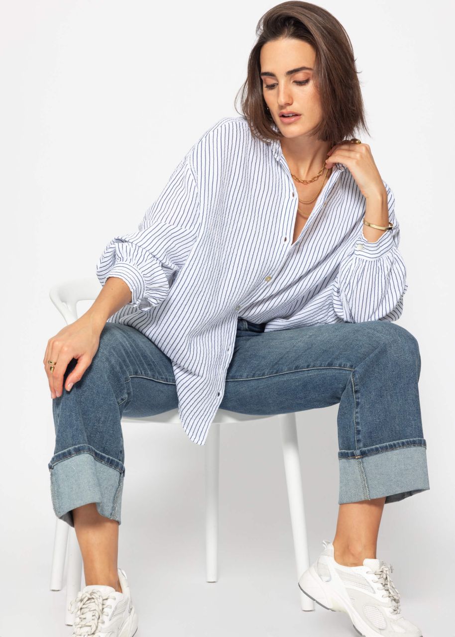 Gestreifte Musselin Bluse oversize - blau-weiß