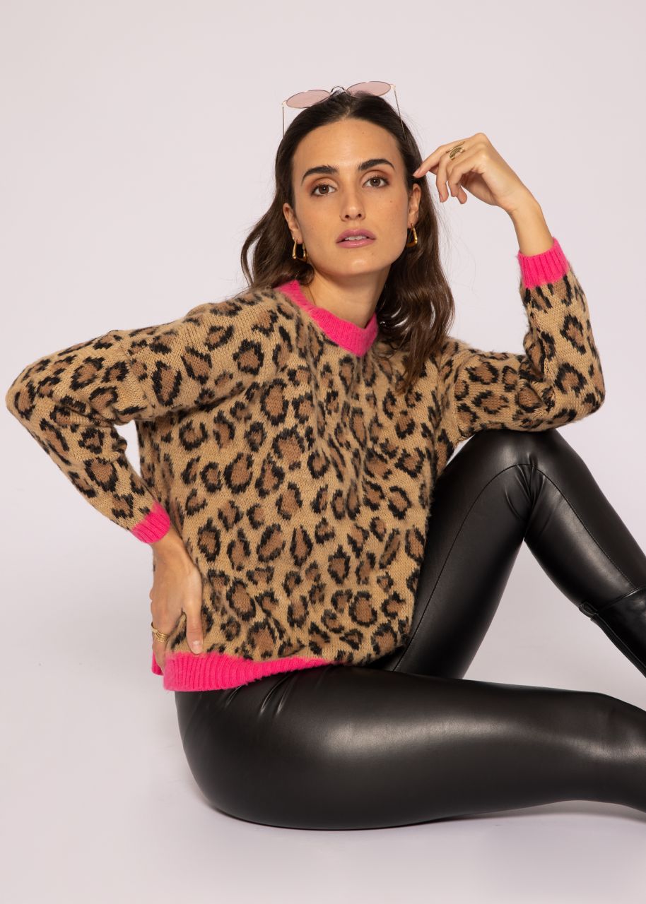 Pullover mit Animal-Print und pink Blenden, braun